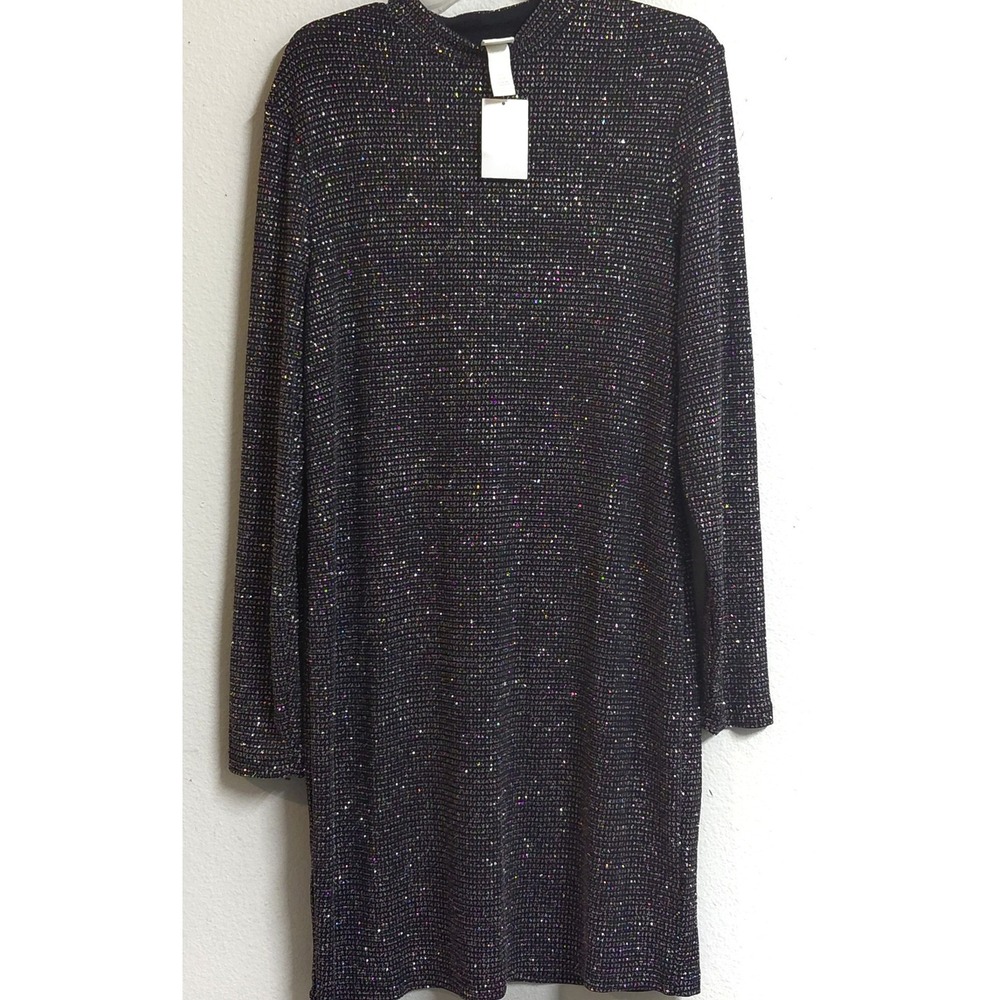 H&M Women's XL Black Iridescent Glitter Long Sleeve Mini Dress NWT